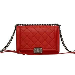 CHANEL Boy Chanel Coco Mark Leather Chain Semi Shoulder Bag Red 21837